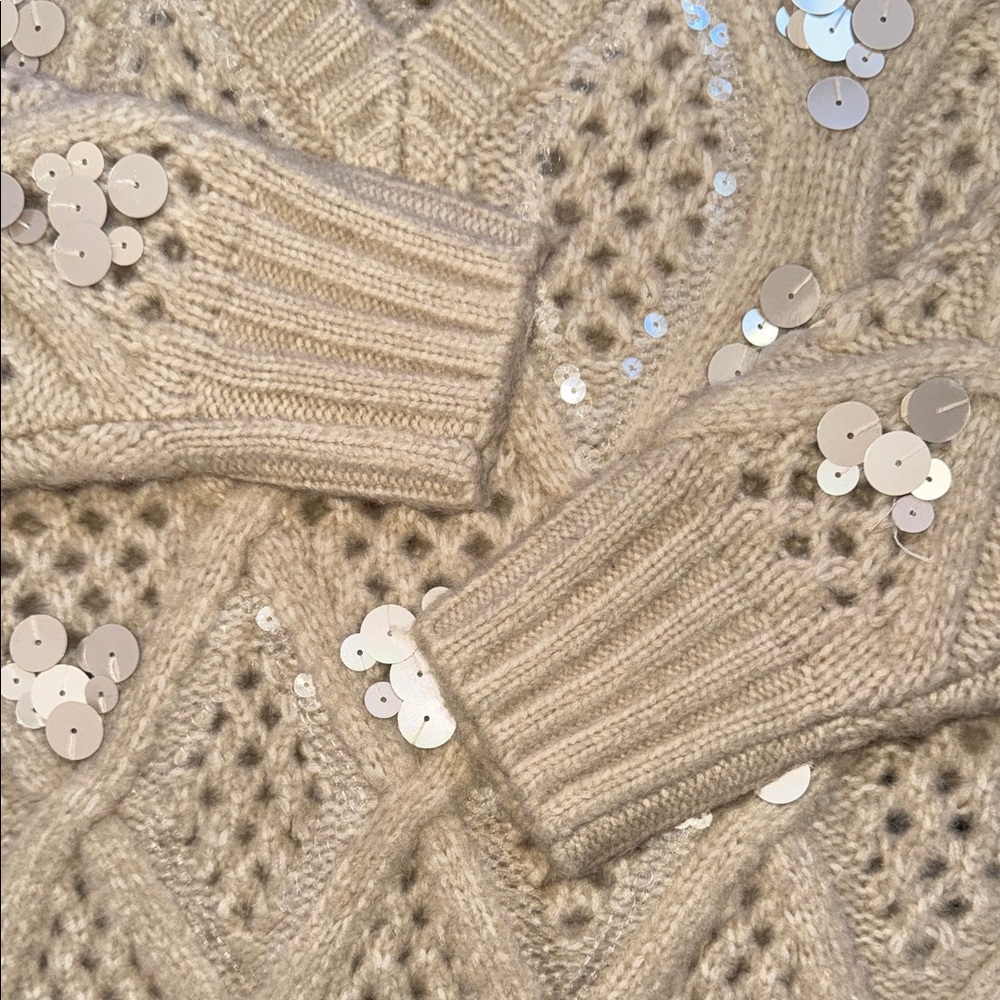 White House Black Market Beige Sweater Sequin Accents Chunky Open Knit Size XS - Picture 4 of 6